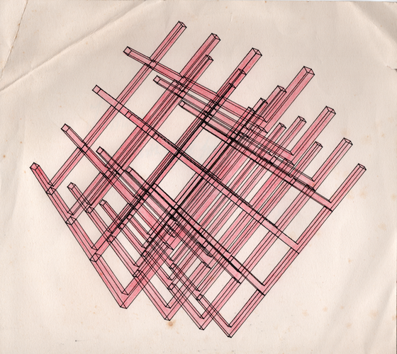 4 x 4 x 4 arrangement of L shaped objects coloured with red pencil