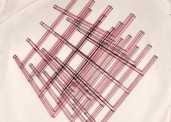 4 x 4 x 4 arrangement of L shaped objects coloured with red pencil