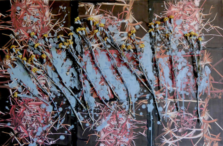 mixed maedia image of nine prints by Bell glued to cnavas and then dried flowers attached and worked over with pale blue paint by Thompson